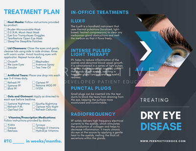 customizable dry eye treatment brochure for optometrists with treatment plan of home remedies and in office perspective docs