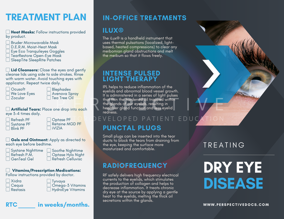 customizable dry eye treatment brochure for optometrists with treatment plan of home remedies and in office perspective docs