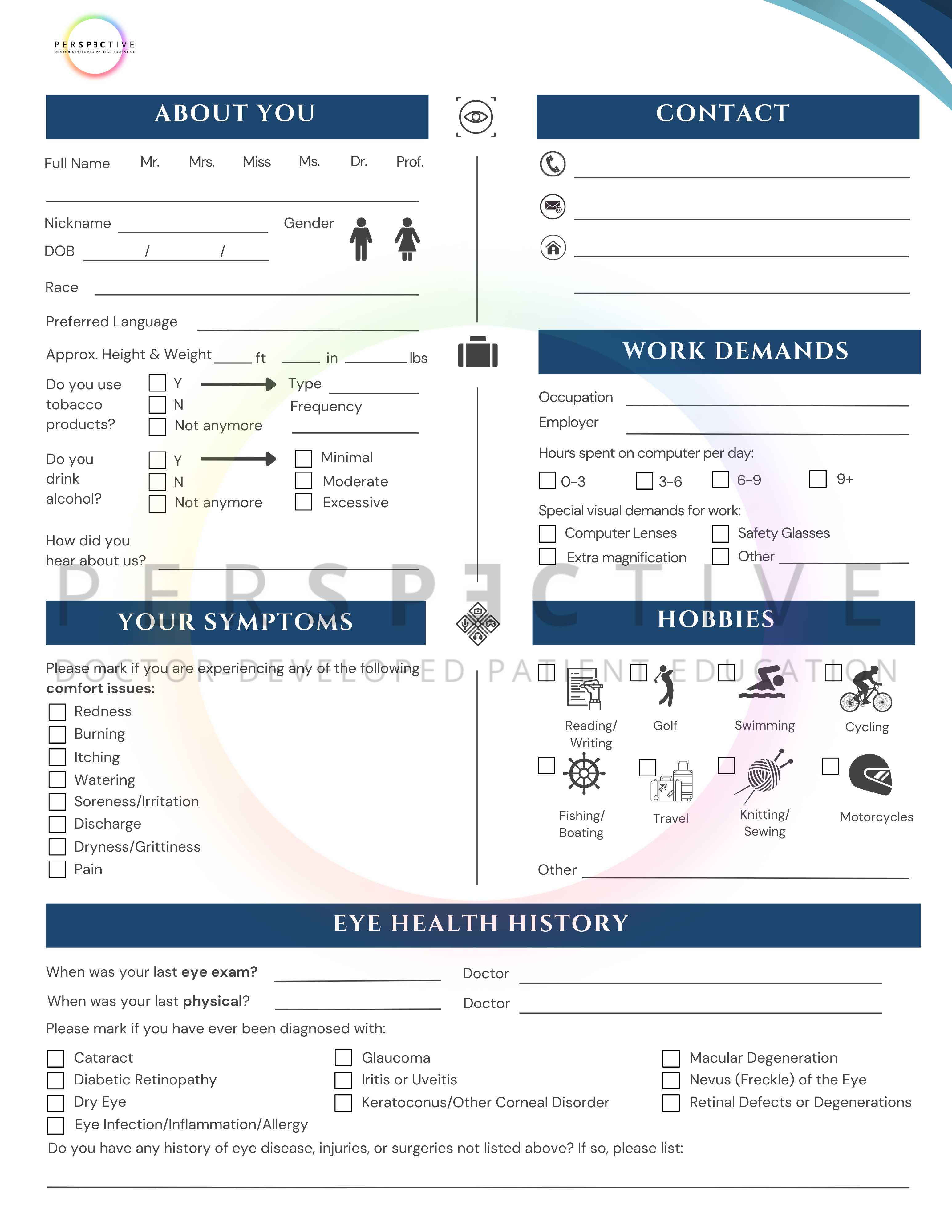 comprehensive patient intake form for optometrists optometry optical office ophthalmology perspective docs 