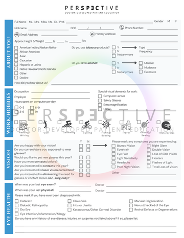 condensed modern patient intake form for optometrists optometry office ophthalmology doctors office patient questionnaire form perspective docs