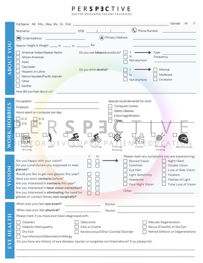 condensed modern patient intake form for optometrists optometry office ophthalmology doctors office patient questionnaire form perspective docs