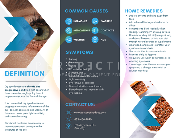 customizable dry eye treatment brochure for optometrists with treatment plan of home remedies and in office perspective docs