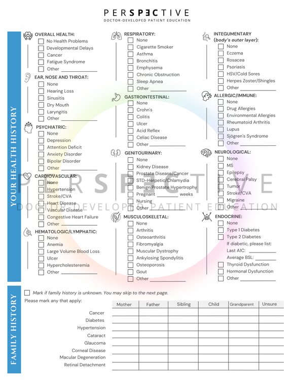 condensed modern patient intake form for optometrists optometry office ophthalmology doctors office patient questionnaire form perspective docs