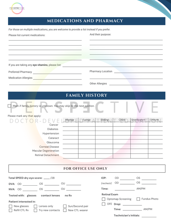 comprehensive patient intake form for optometrists optometry optical office ophthalmology perspective docs 