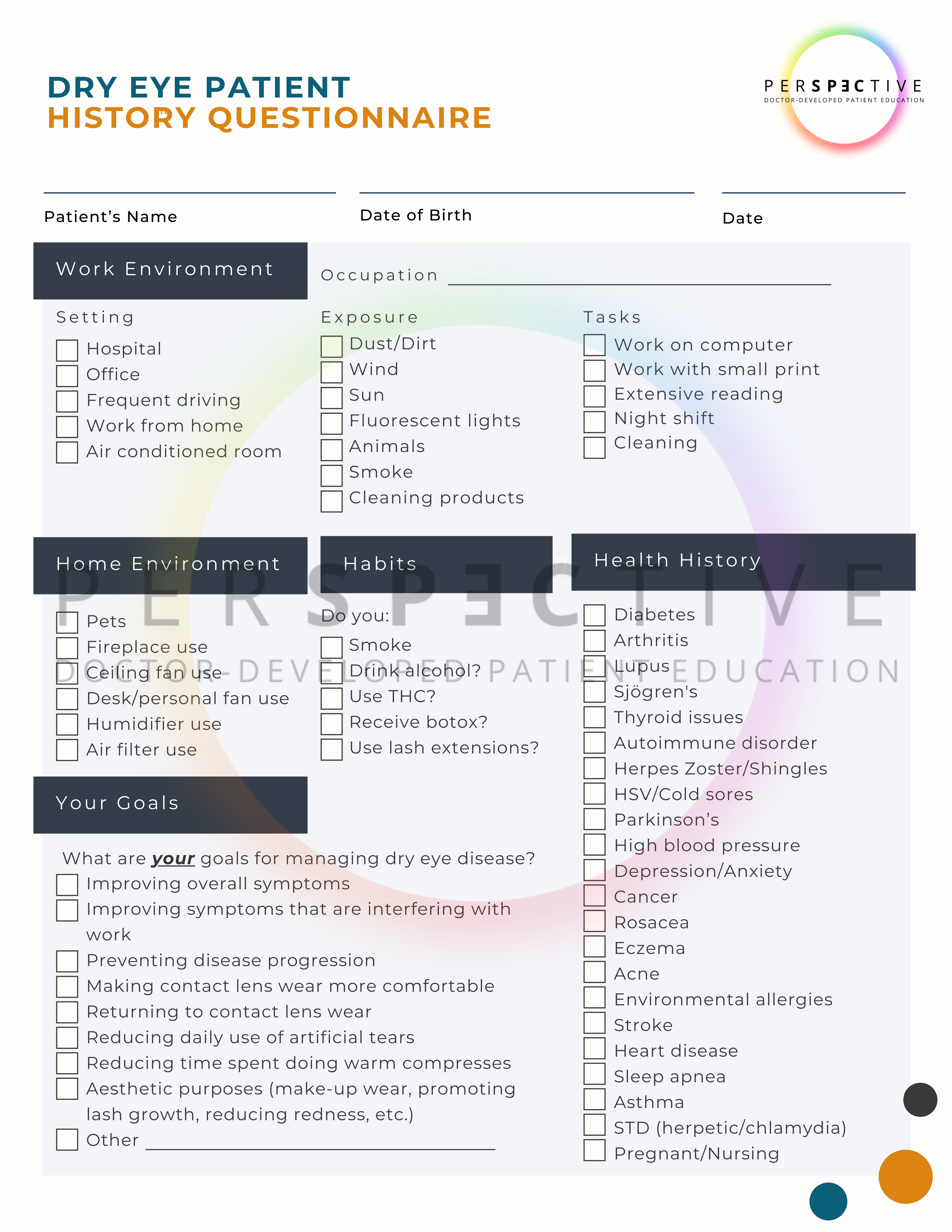 dry eye patient history questionnaire intake form for ipl rf treatment optometry practice perspective docs