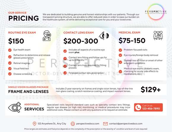 eye exam service fees pricing sheet for patient education front desk display of exam fees optometry office perspective docs