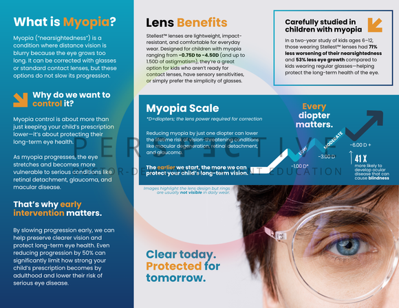 myopia control glasses brochure, stellest lenses, myopic, optometry 