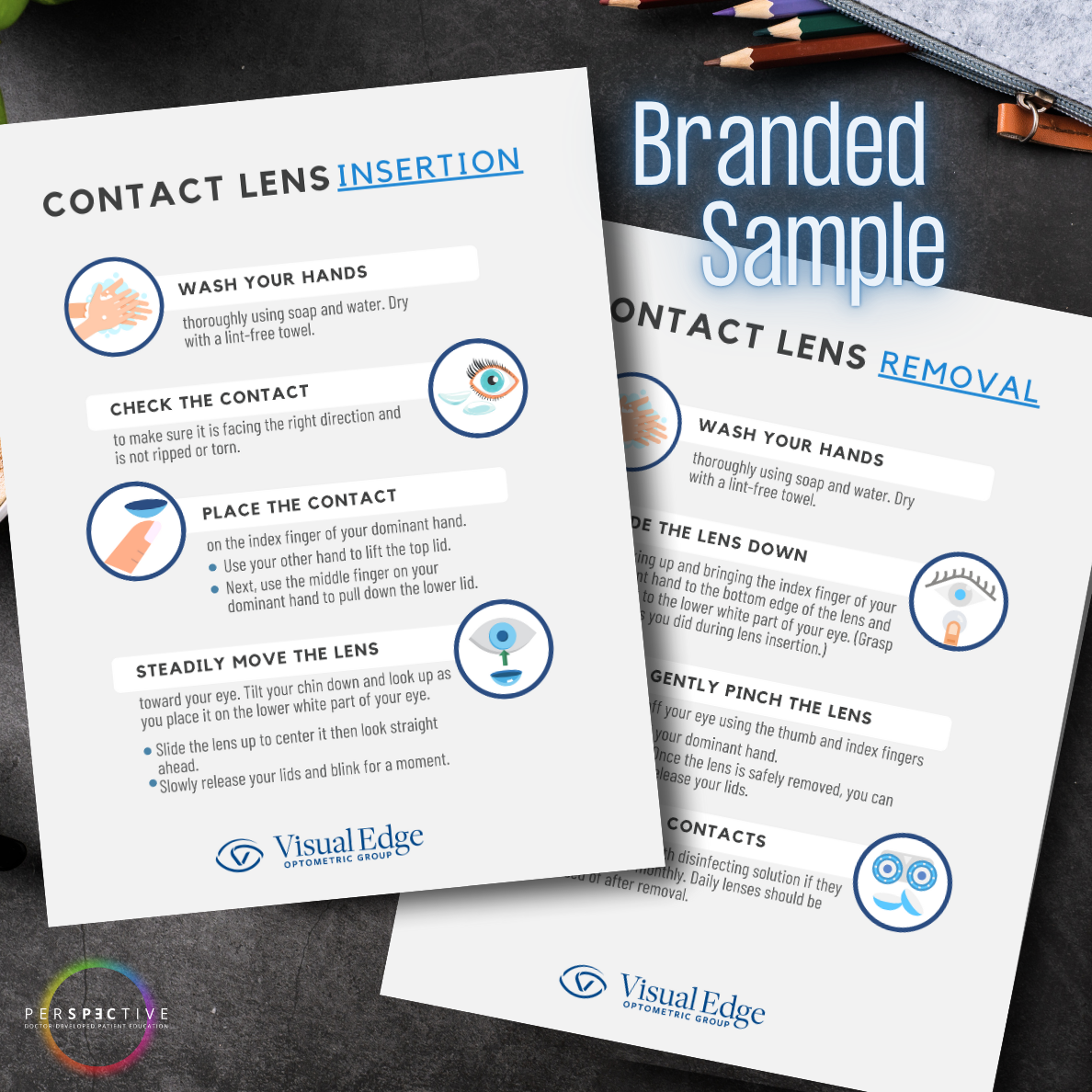 branded contact lens insertion and removal printable for optometrists contact lens training optical doctor office perspective docs