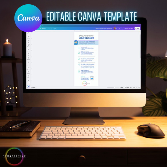dispensary rack card on how to care for your glasses for optometrists and opticians optical shop perspective docs editable canva template