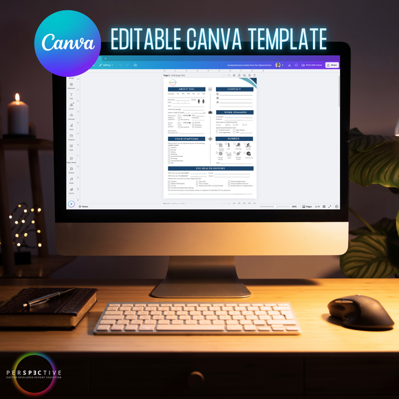 comprehensive patient intake form for optometrists optometry optical office ophthalmology perspective docs editable canva template