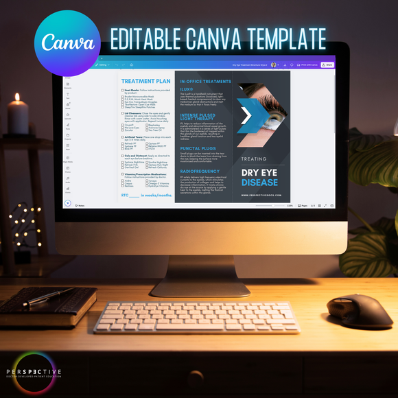customizable dry eye treatment brochure for optometrists with treatment plan of home remedies and in office perspective docs editable canva template