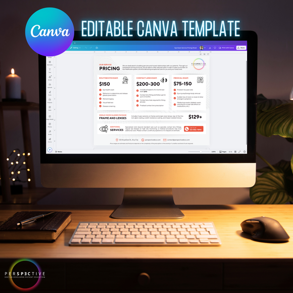 eye exam service fees pricing sheet for patient education front desk display of exam fees optometry office perspective docs editable canva template