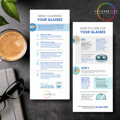 dispensary rack card on how to care for your glasses for optometrists and opticians optical shop perspective docs