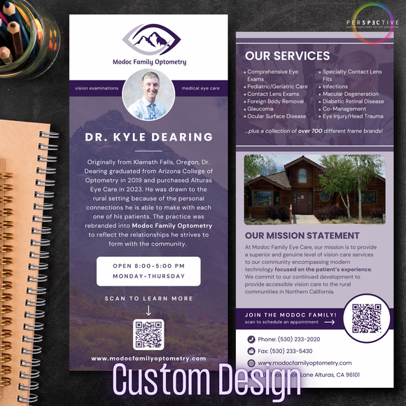 office information card custom design sample for perspective docs optometry office forms intake forms patient education brochures customized for eye doctor branding office