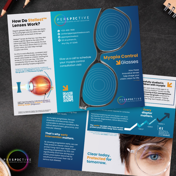 myopia control glasses brochure, stellest lenses, myopic, optometry 