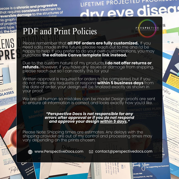 optometry patient education graphic design brochures rack cards office forms optical optometrist poster office poster eye doctor office private practice forms eye health signs forms education custom education perspective docs editable canva template