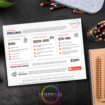 eye exam service fees pricing sheet for patient education front desk display of exam fees optometry office perspective docs