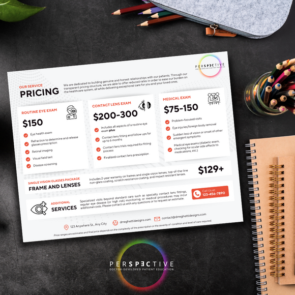 eye exam service fees pricing sheet for patient education front desk display of exam fees optometry office perspective docs